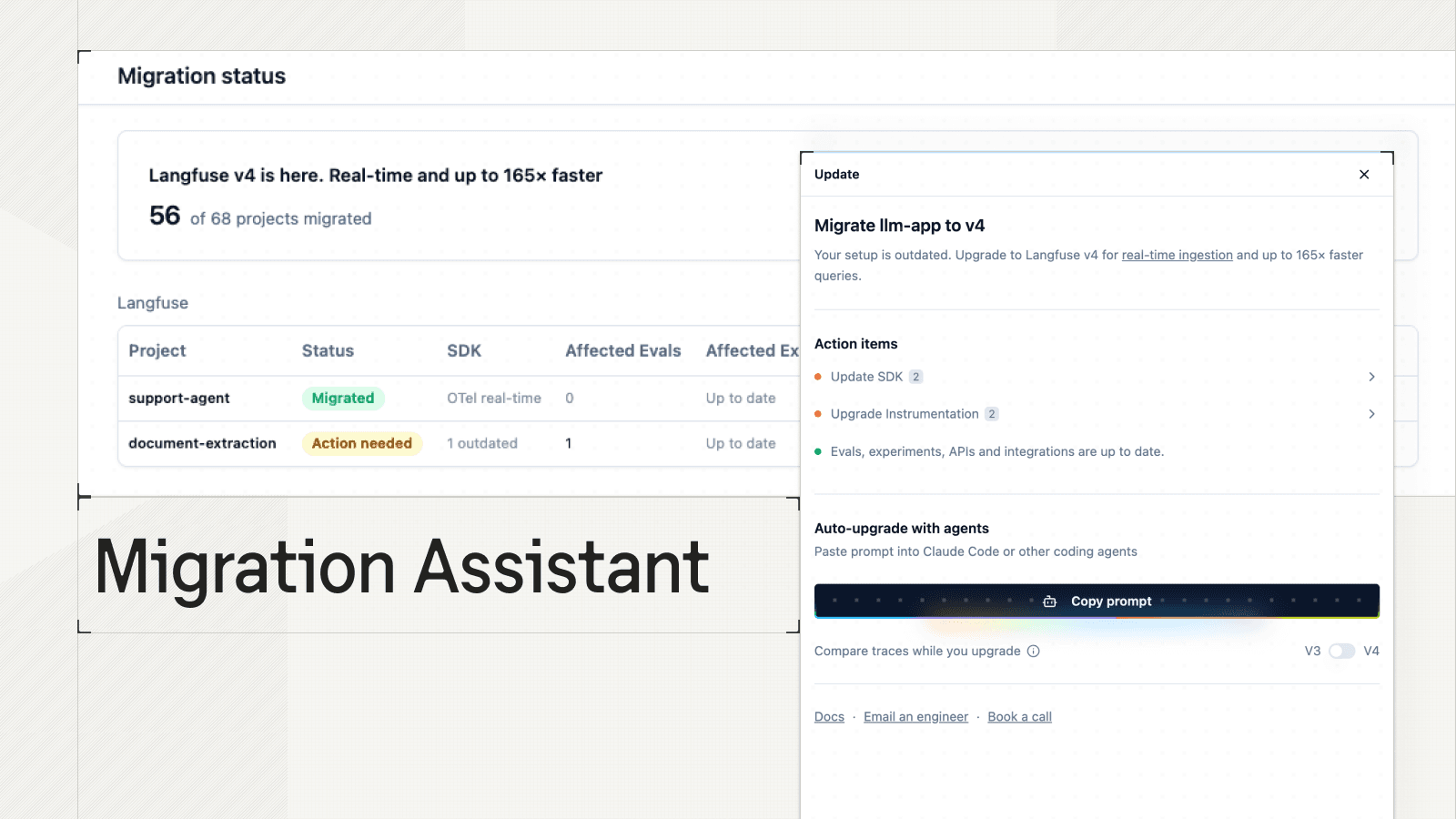 The Langfuse v4 migration assistant lists the exact SDK, evaluator, API, and integration actions detected for a Cloud project